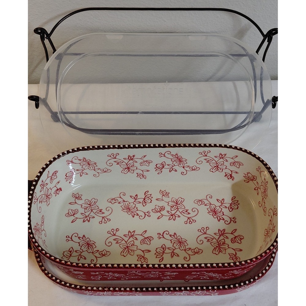 Temp-tations by Tara Floral Lace 2 Qt Baking Dish Set w Lid Tray Rack Red Floral - Picture 8 of 12
